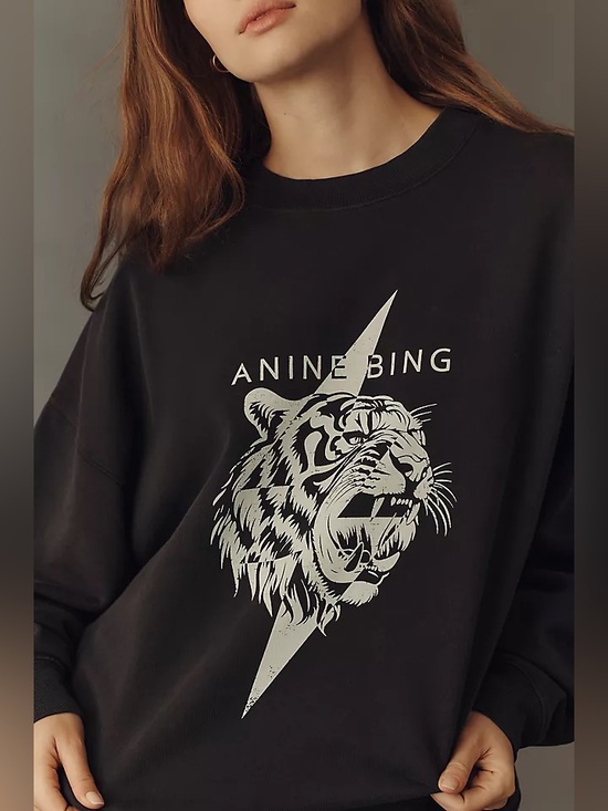 Anine Bing Tops - New Anine Bing Miles Tiger Crewneck Sweatshirt in Washed Black - size small